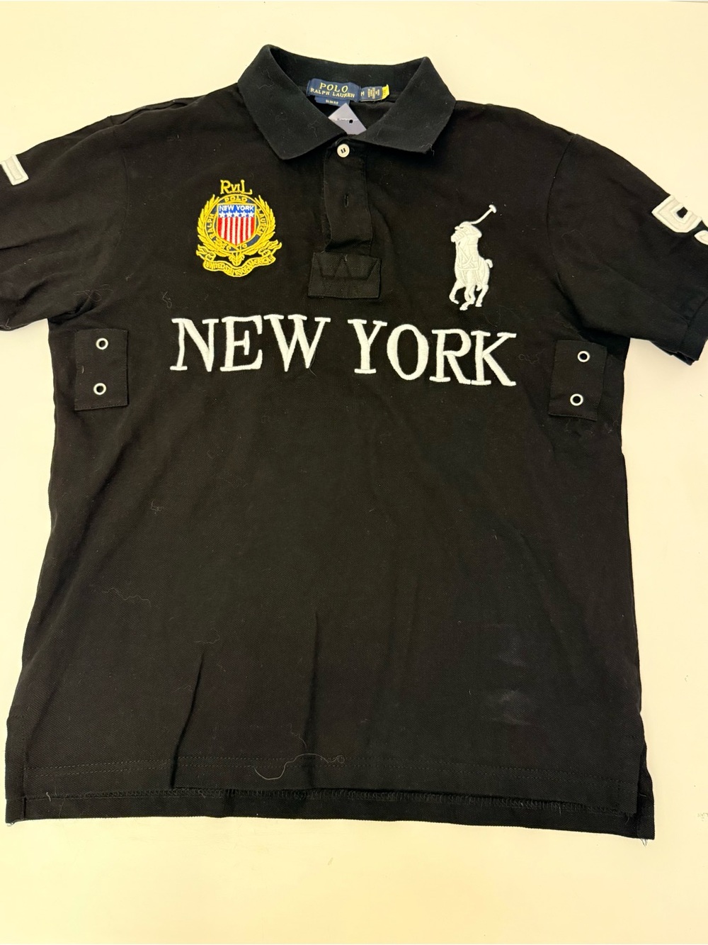 Polo by Ralph Lauren Black Polo with White NEW YORK Script and Crest